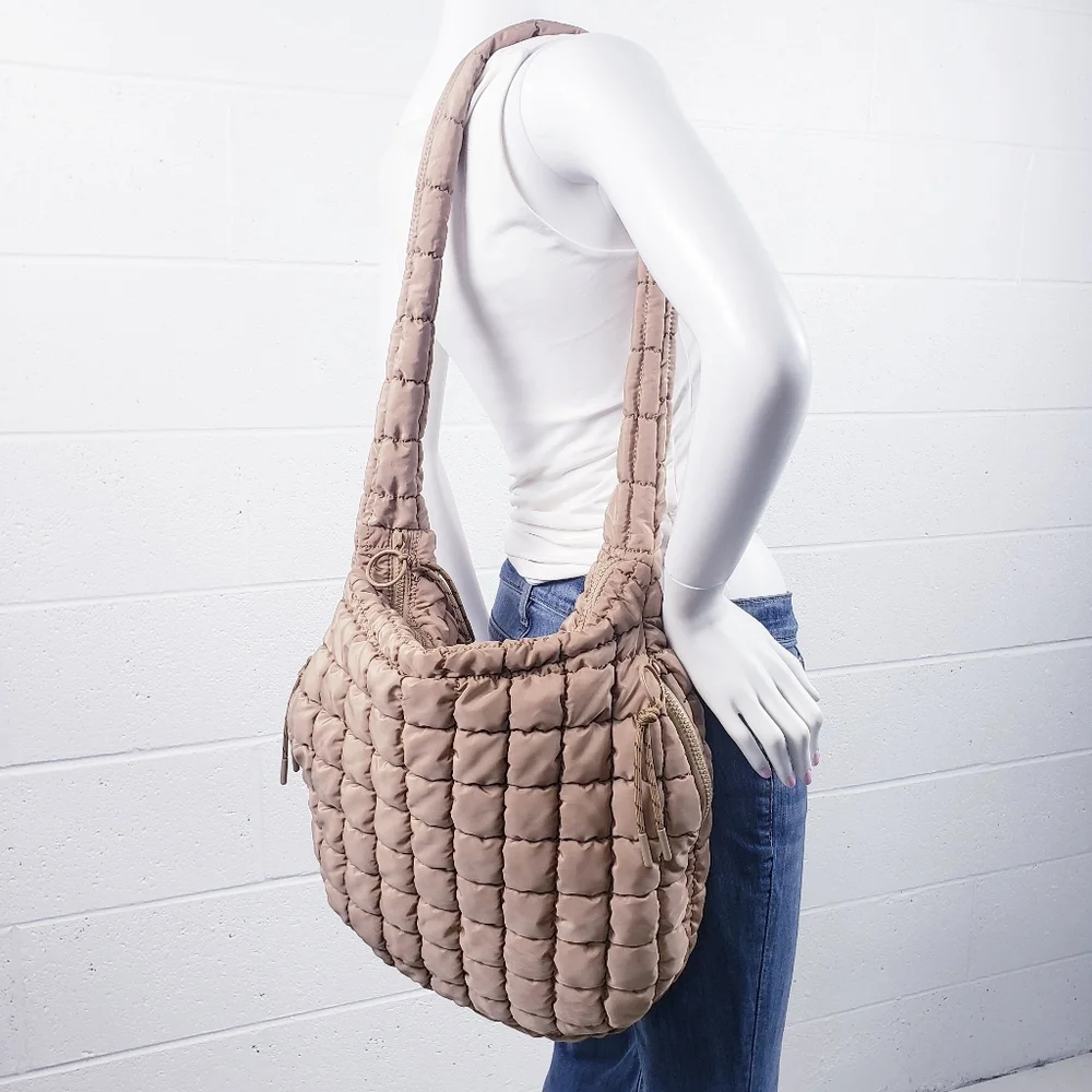 Urban Expressions Leda Quilted Square Nylon Puffer Hobo Bag‎ Purse Natural